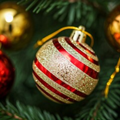 A Christmas tree decorated with red baubles and golden ornaments, creating a festive atmosphere. Defocused background.