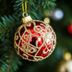 A Christmas tree decorated with red baubles and golden ornaments, creating a festive atmosphere. Defocused background.