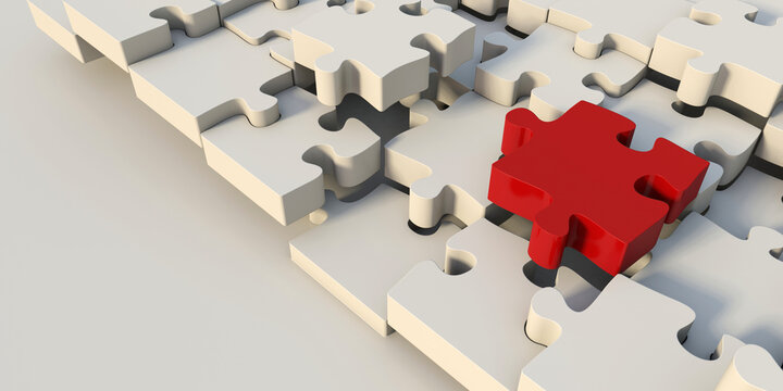 Red puzzle piece fitting into white puzzle assembl. Symbolizing teamwork and problem-solving with puzzle pieces. 3d rendering.