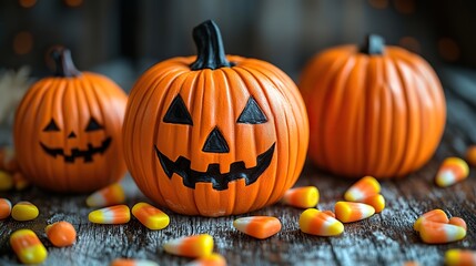 Halloween pumpkins and candy corn placed on a white wooden background, with ample space for text or decoration
