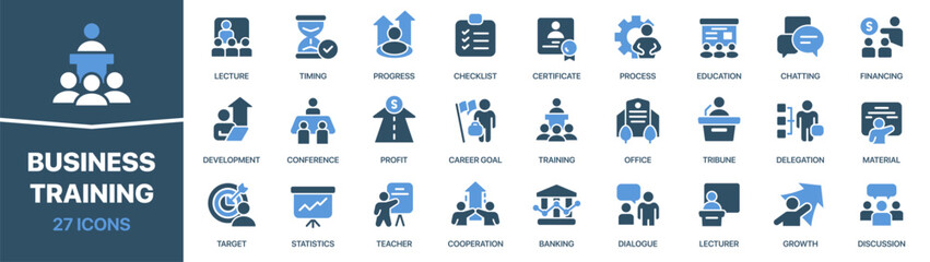 Business training colored signed icon collection. Workshop, lecture, education icons. UI icon set. Colored icons pack. Vector illustration EPS10 © stas111