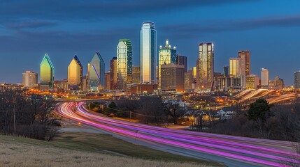 Obraz premium Stunning Dallas Skyline at Dusk with Light Trails