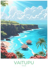 Vaitupu Niue Travel Poster Flat Illustration Print Decor Gift Canvas Wall Art Gift