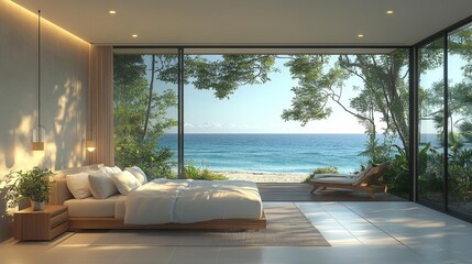 Luxurious beachfront bedroom with ocean views. Generative AI