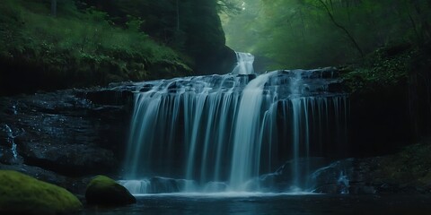 View of a towering waterfall cascading into a luminous, bioluminescent lake