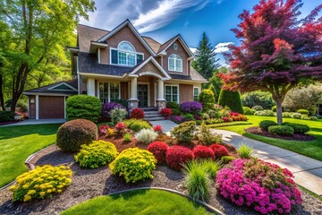 Lush Green Lawn, Trimmed Trees, & Beautifully Designed Garden Enhancing Curb Appeal