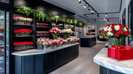 Elegant Floral Boutique Interior with Lush Rose Arrangements and Modern Design