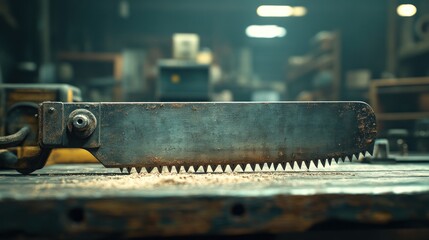 Rusty hand saw on weathered workbench in workshop.