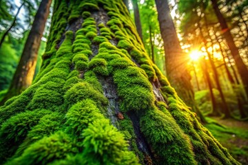 Fototapeta premium Lush Green Moss Growing on Old Tree Trunk in Forest - Nature Stock Photo