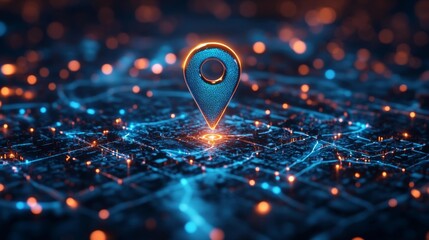 Futuristic glowing pin on a digital map. Generative AI