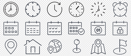 Time, date and location line icons set.. Address line icons and navigation outline icons set. isolated on transporent background.