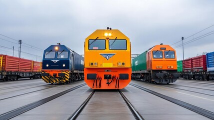 Fototapeta premium Railway yard with cargo trains being loaded, symbolizing intermodal transportation in logistics