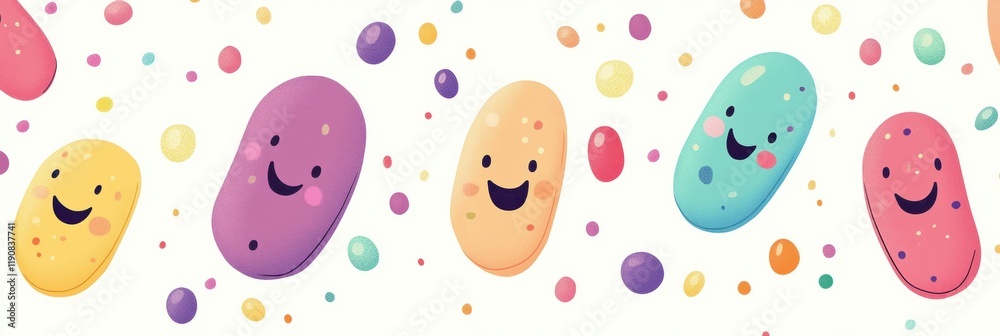 Fototapete cartoon microbes with smiles float in a colorful background of cheerful dots and vibrant hues. gener