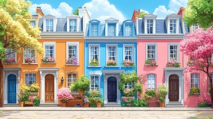 Fototapeta premium Vibrant Row of Colorful Townhouses Under a Bright Blue Sky