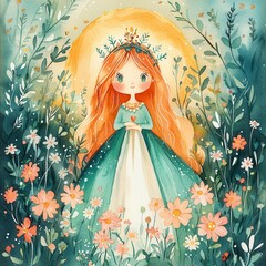 Enchanting Nymph Surrounded by Blooming Wildflowers in a Vibrant Garden, Captivating Colors and Whimsical Charm in a Gorgeous Watercolor Artwork