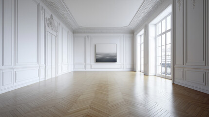 Obraz premium dans un appartement parisien bourgeois, un long couloir blanc 