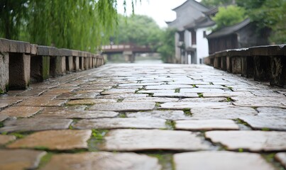 Fototapeta premium An old stone bridge in the East on a rainy day, Generative AI