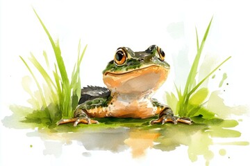 Charming Watercolor Painting of a Frog Resting on Lush Green Grass Surrounded by Gentle Nature in Peaceful Atmosphere