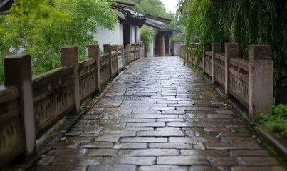 Obraz premium An old stone bridge in the East on a rainy day, Generative AI