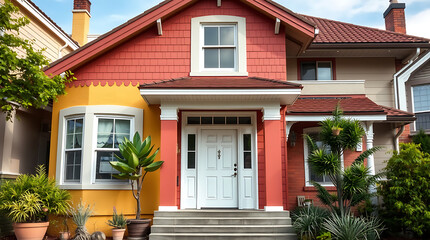 Obraz premium Charming Two-toned House Exterior: Red and Yellow Home with Landscaping