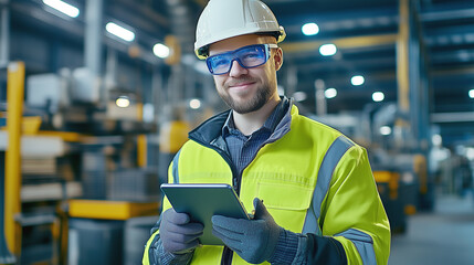 Industrial worker using a digital tablet in a modern factory setting