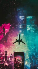 Airplane flying over futuristic cityscape.  smartphone displaying city with airplane in flight. digital travel and augmented reality