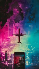Airplane flying over futuristic cityscape. Cityscape displayed on a smartphone. Augmented reality travel concept