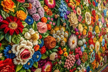 Vibrant Handcrafted Floral Tapestry: Panoramic View of Colorful Textile Art