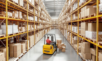 Fototapeta premium Warehouse interior with worker operating forklift along storage aisles