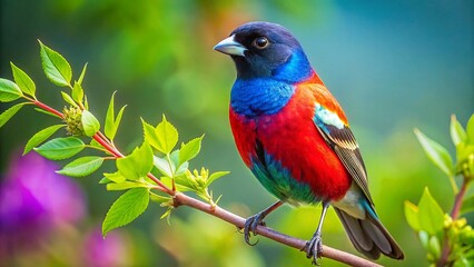 Vibrant Lark Bunting Bird on Branch, Colorful Plumage, Nature Wildlife Stock Photo