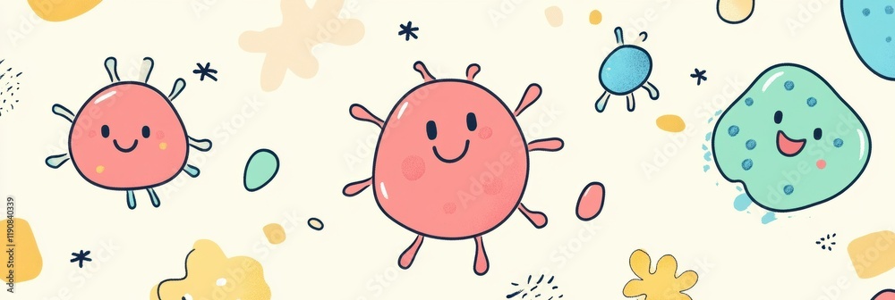 Poster colorful smiling cartoon microbes celebrating in a lively background with cheerful patterns and colo
