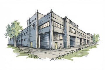 Fototapeta premium Architectural Sketch of a Modern Industrial Building