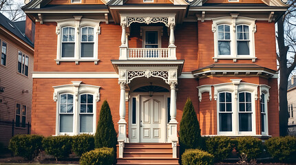 Naklejka premium Classic Brick Victorian House Exterior, Elegant Home Architecture, Real Estate Photography