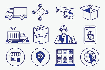 Blue and white icons, delivery logistics, shipping symbols, e-commerce graphics, transportation vehicles, tracking devices, package handling, warehouse operations, digital commerce, mobile apps, route