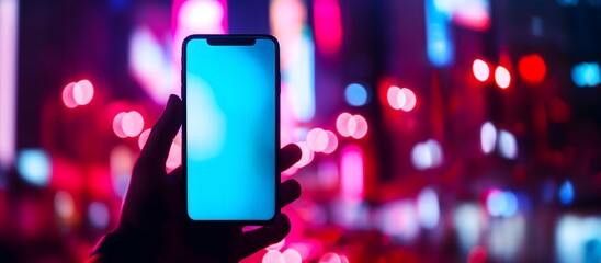 Hand Holding Smartphone with Blank Screen. City lights at night bokeh background
