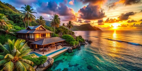 Obraz premium Luxurious Oceanfront Villa at Secluded Island Resort - Stunning Sunset View