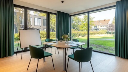 Modern meeting room, four chairs, green accents, large windows, garden view; ideal for business presentations