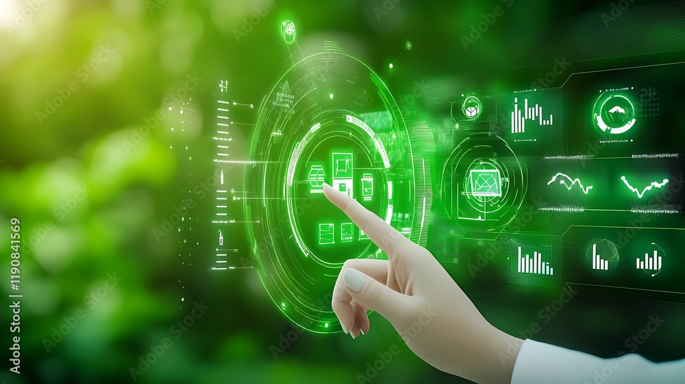 Canvas Prints green technology carbon footprint smart systems. a hand interacts with a futuristic green interface 