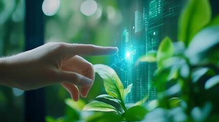 green technology carbon footprint smart systems. A hand touches a plant while digital effects and data points illuminate the scene, blending nature with technology.