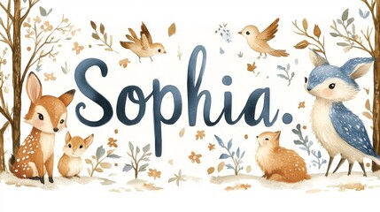 Fototapeta premium Whimsical woodland name illustration with animals. Generative AI