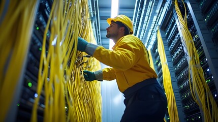 A technician in a yellow uniform and helmet working in a server room, surrounded by numerous yellow network cables, focused on maintaining the network infrastructure