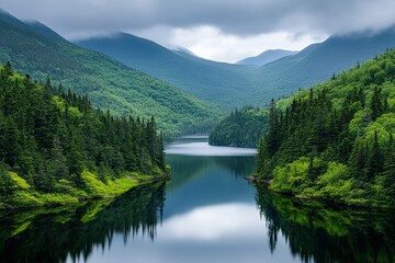 Fototapeta premium A calm river flows through a vibrant valley surrounded by dense forests and majestic mountains under overcast skies. Nature's beauty is on full display