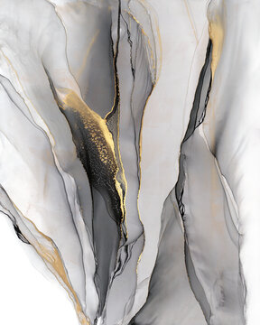 Abstract grey art with gold &mdash; big gray poster for interior printing with golden paint. Beautiful smudges and stains made with alcohol ink. Gray fluid art texture resembles watercolor or aquarelle.