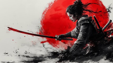 Samurai woman with katana and crimson rising sun. Generative AI