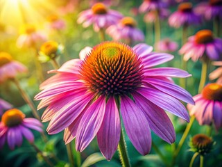Vibrant Purple Echinacea Purpurea Blossom in Summer Meadow - Herbal Medicine Plant