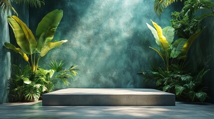 Minimalistic Scene with Lush Banana Leaves. Generative AI
