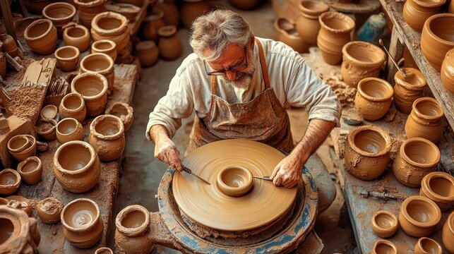 Senior potter shaping clay on pottery wheel in workshop.