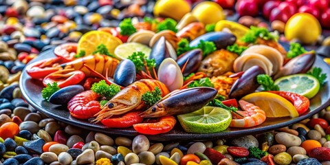 Vibrant Seafood Platter on Colorful Pebble Beach Background - Stock Photo