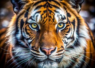 Fototapeta premium Macro Close-up of a Tiger's Face, Wild Animal Portrait, Detailed Texture, Feline Eyes, Nature Photography