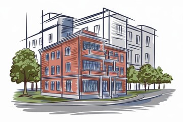 Obraz premium Brick apartment building stands beside a modern structure